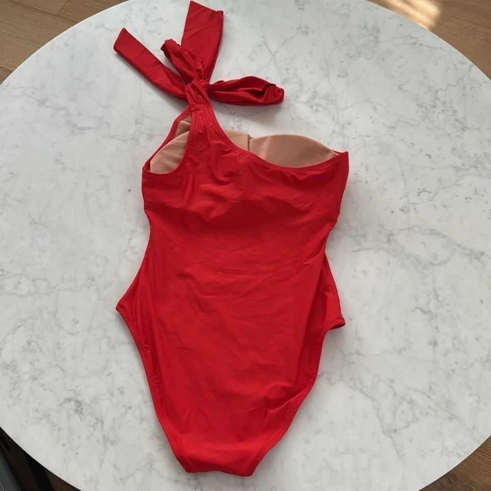J.Crew One Shoulder Bow Tie One Piece Swimsuit Red Cerise Women’s Size 8